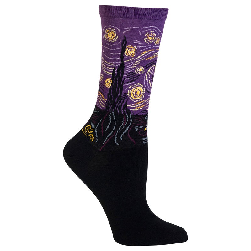 Hot Sox Womens Fun Famous Artist Paintings Crew Socks - 1 Pair Pack Cool & Gifts Hosiery, Starry Night (Purple), 4-10 US - Image 1